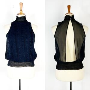 Club Monaco black high neck ruched open back blouse tank top 100% silk Size XS